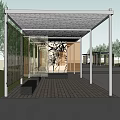 Covered Pavilion With Metal Frame Black Canopy Patterned Translucent Panels And Surrounding Trees 3d model
