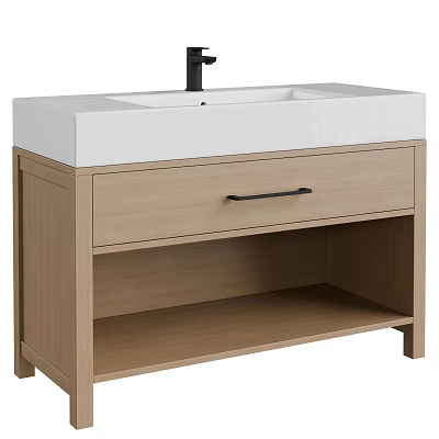 Wash Basin Cabinet with Light Wooden Drawer Black Handle Open Shelf White Countertop Black Faucet 3d model