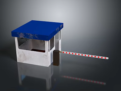 Security Booth With Blue Roof And Red White Striped Entry Barrier 3d model