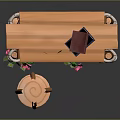 Wooden Bookshelf with Books Vines Pink Flowers Mugs and Small Stool
