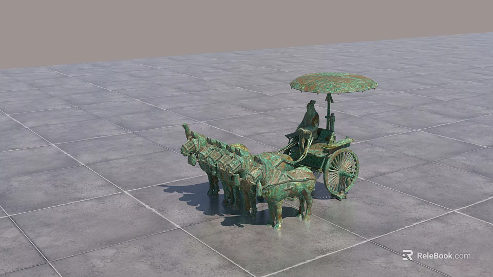 Ancient Chariot Landscape Sculpture With Bronze Horses Umbrella And Figure On Square Paved Ground 3d model 
