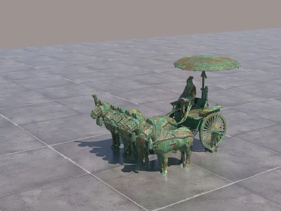 Ancient Chariot Landscape Sculpture With Bronze Horses Umbrella And Figure On Square Paved Ground 3d model