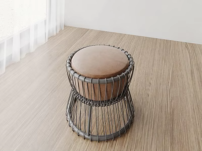 Modern Wire Woven Metal Frame Stool With Brown Padded Seat In Interior 3d model