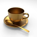 Golden Metallic Cup With Saucer And Spoon On White Background