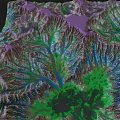 3D Terrain Model Showing Purple Mountain Peaks Valleys Rivers And Green Vegetation Areas