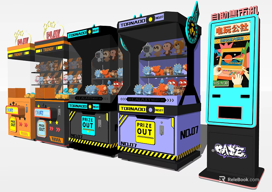 Vibrant Claw Machine Store With Plush Toy Prizes And Multiple Arcade Game Units 3d model 