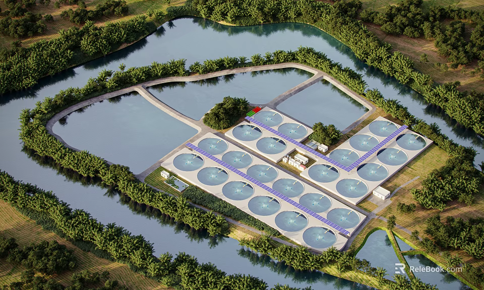 Aerial View of Water Treatment Plant With Circular Ponds River and Trees 3d model 
