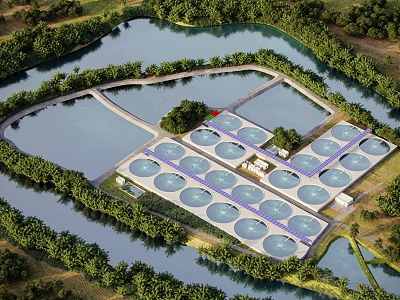 Aerial View of Water Treatment Plant With Circular Ponds River and Trees 3d model