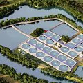Aerial View of Water Treatment Plant With Circular Ponds River and Trees