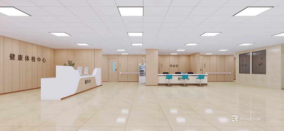 Modern Service Hall Interior With Reception Desk Blue Chairs Wooden Walls And Ceiling Lights 3d model 