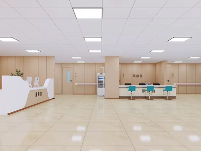 Modern Service Hall Interior With Reception Desk Blue Chairs Wooden Walls And Ceiling Lights 3d model