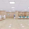 Modern Service Hall Interior With Reception Desk Blue Chairs Wooden Walls And Ceiling Lights