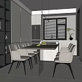 Modern Restaurant Interior With Dining Table Chairs Large Windows And Decorative Plant Artwork 3d model
