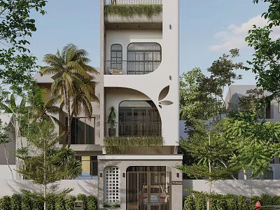 Modern Detached Villa With White Exterior Multi Storey Design Surrounded By Palm Trees And Greenery 3d model