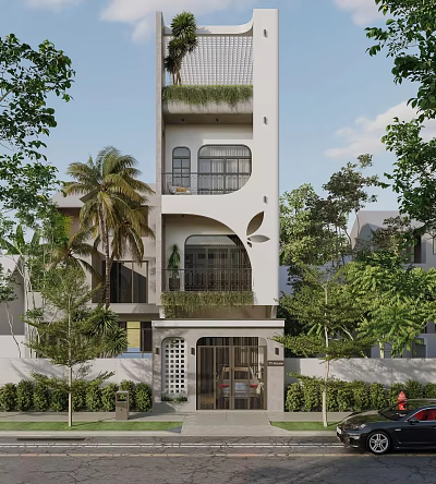 Modern Detached Villa With White Exterior Multi Storey Design Surrounded By Palm Trees And Greenery 3d model