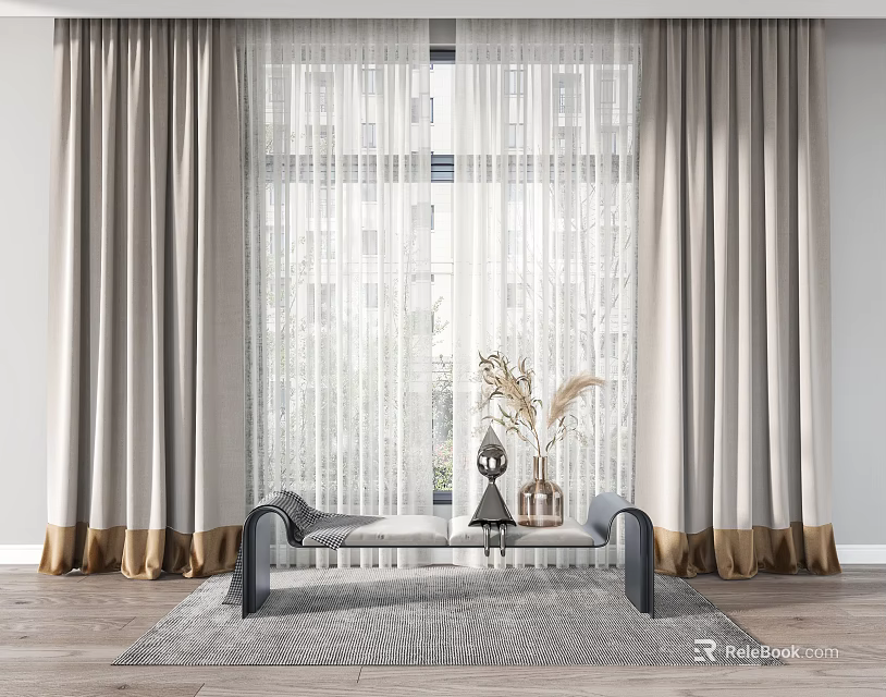 Neutral Modern Curtains With Sheer Layers And Golden Trim For Living Room Window 3d model 