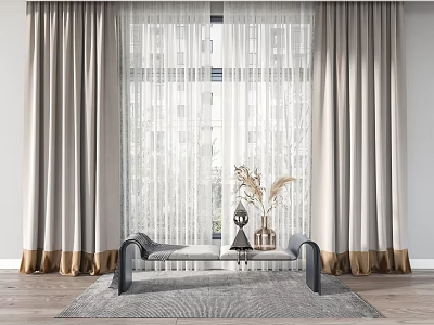 Neutral Modern Curtains With Sheer Layers And Golden Trim For Living Room Window 3d model