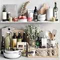 Organized Kitchen Shelves Display With Kitchenware Bottles Fruits Bowls And Flower Vase