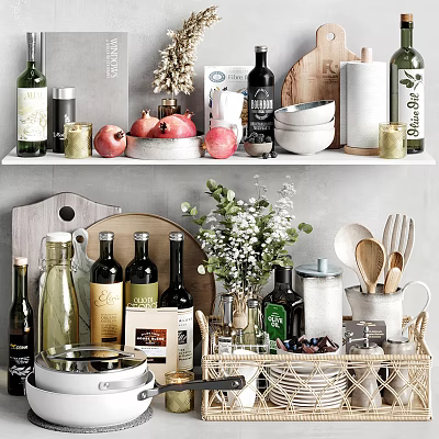 Organized Kitchen Shelves Display With Kitchenware Bottles Fruits Bowls And Flower Vase 3d model