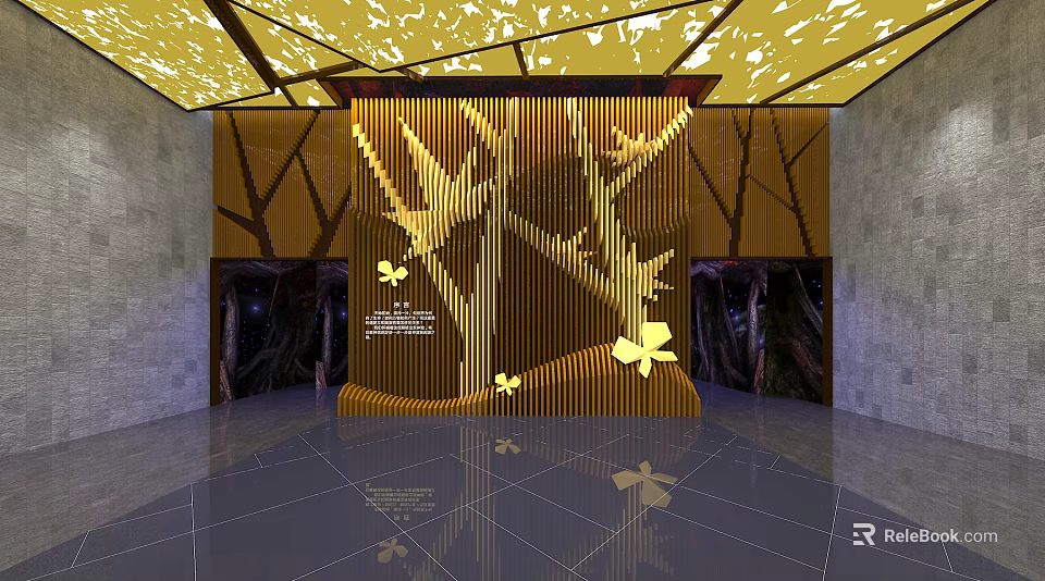 Yellow Interior Design With Cut Out Leaf Ceiling Vertical Branch Decoration And Shiny Floor 3d model 