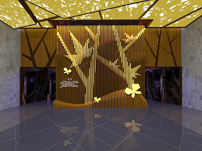 Yellow Interior Design With Cut Out Leaf Ceiling Vertical Branch Decoration And Shiny Floor 3d model