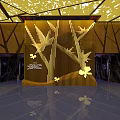 Yellow Interior Design With Cut Out Leaf Ceiling Vertical Branch Decoration And Shiny Floor