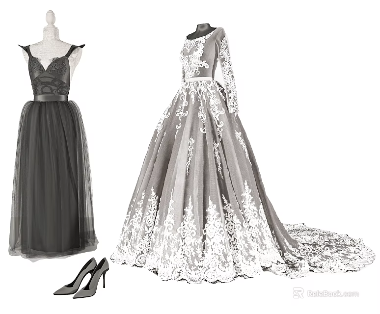 Black Gray Formal Dresses With V Neck Tulle Skirt Lace Long Sleeves And Heels 3d model 
