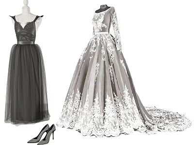 Black Gray Formal Dresses With V Neck Tulle Skirt Lace Long Sleeves And Heels 3d model