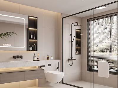 Modern Bathroom Interior With Illuminated Mirror Vanity Glass Shower Enclosure And Window Blinds 3d model