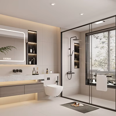 Modern Bathroom Interior With Illuminated Mirror Vanity Glass Shower Enclosure And Window Blinds 3d model