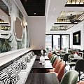 Elegant Modern Restaurant Interior With Stylish Tables Chairs Ceiling Lights And Decorative Wall Art