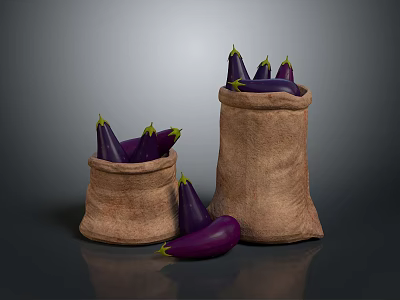 Purple Eggplants In Burlap Bags With Some Scattered Around On Dark Background 3d model