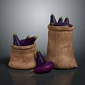 Purple Eggplants In Burlap Bags With Some Scattered Around On Dark Background