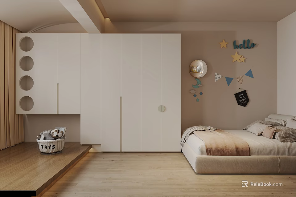 Cozy Modern Kids Bedroom With White Wardrobe Bed And Decorations 3d model 