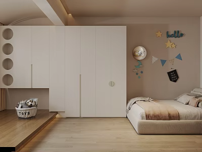 Cozy Modern Kids Bedroom With White Wardrobe Bed And Decorations 3d model