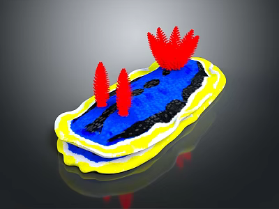 3D Terrain Model With Yellow Border Blue Water And Red Organisms On Black Ground 3d model
