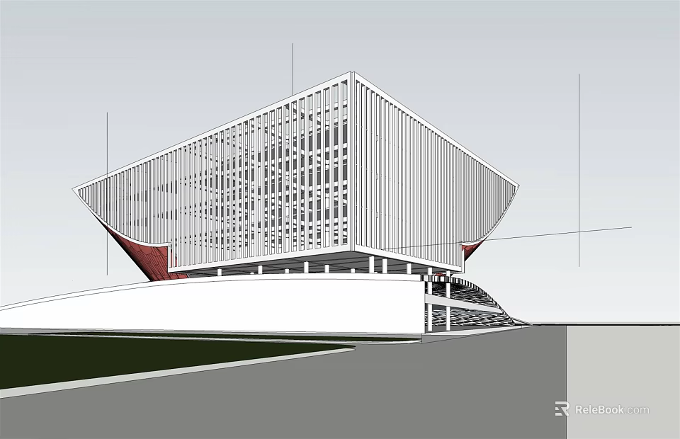 Modern Architectural Design With Geometric White Grid Facade And Red Base Structure 3d model