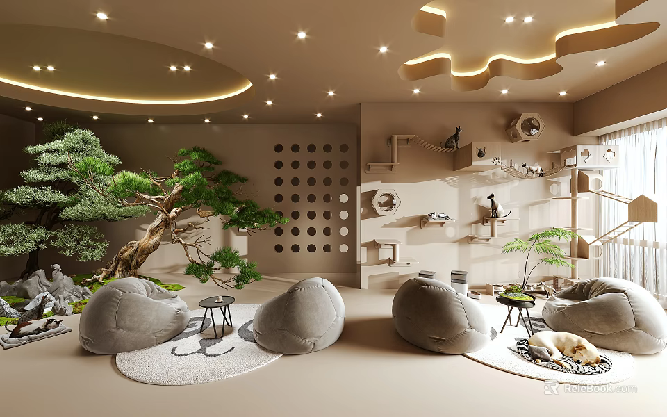 Modern Interior Design With Gray Bean Bags Large Pine Tree And Decorative Wall Shelves 3d model 