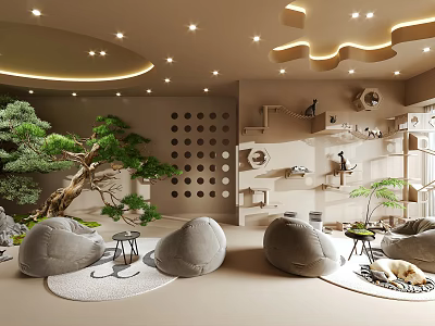 Modern Interior Design With Gray Bean Bags Large Pine Tree And Decorative Wall Shelves 3d model