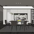 Elegant Modern Restaurant Interior Design With Dining Table Chairs And Marble Backdrop 3d model