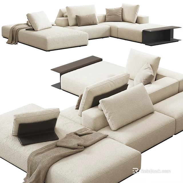 Beige Sectional Sofa With Modular Design Plush Pillows And Cozy Blanket 3d model 