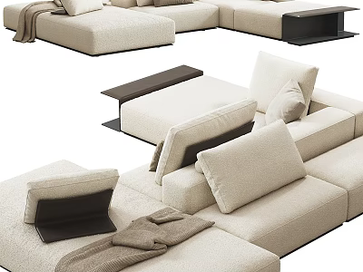 Beige Sectional Sofa With Modular Design Plush Pillows And Cozy Blanket 3d model