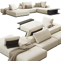 Beige Sectional Sofa With Modular Design Plush Pillows And Cozy Blanket 3d model