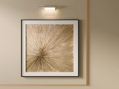 Gold Abstract Oil Painting with Radiant Texture in Black Frame on Beige Wall and Wall Light 3d model
