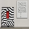 Modern Decorative Cabinet With Black And White Striped Design Red Panel And Metallic Artwork