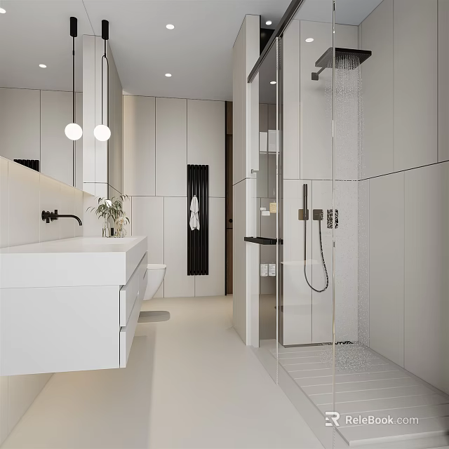 Modern Bathroom Interior Design With White Vanity Glass Shower And Pendant Lights 3d model 