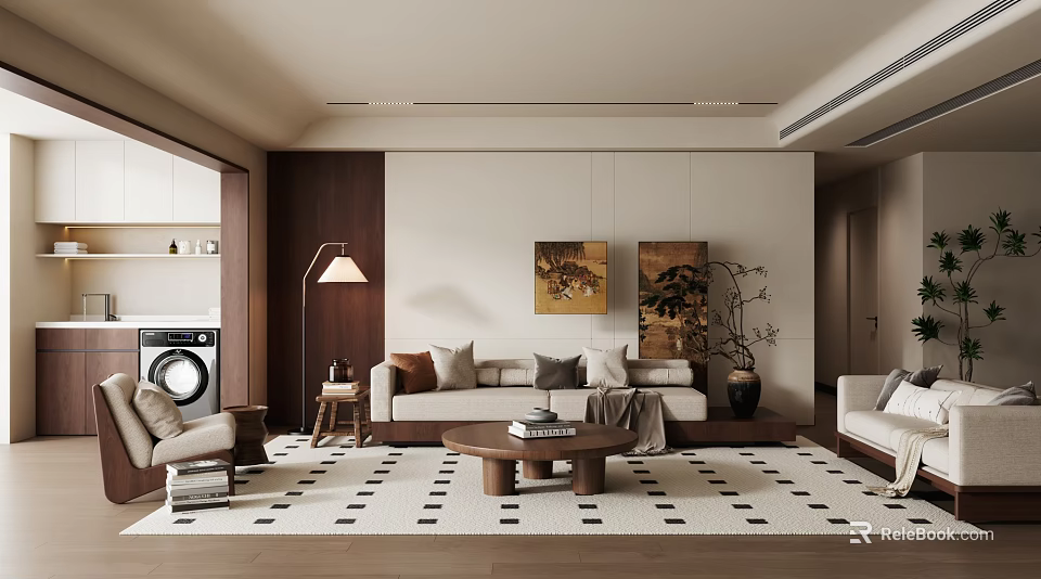 Modern Living Room Interior With Sofa Coffee Table And Decorative Paintings 3d model 