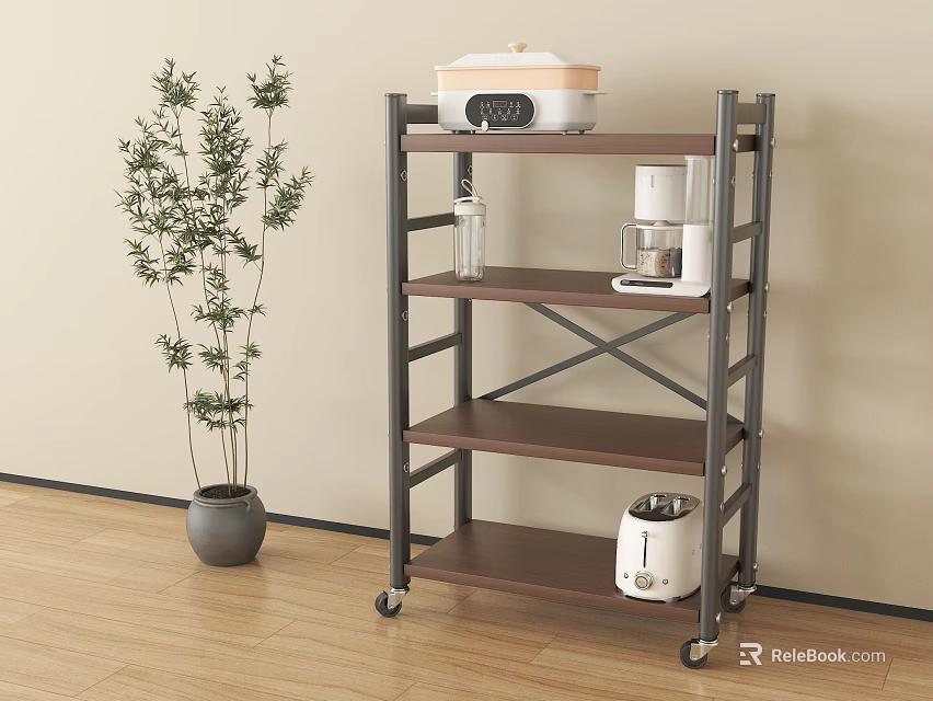 Home Kitchen Storage Shelf with Metal Frame Wood Layers Wheels Beside Potted Plant 3d model 