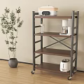 Home Kitchen Storage Shelf with Metal Frame Wood Layers Wheels Beside Potted Plant