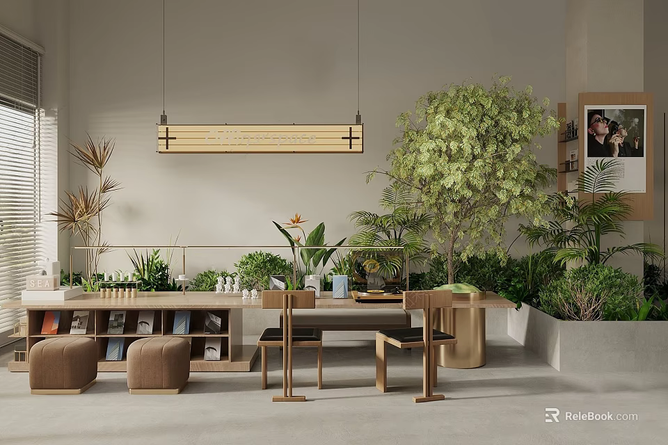 Cozy Modern Milk Tea Shop Interior With Green Plants Wooden Furniture And Relaxing Ambience 3d model 